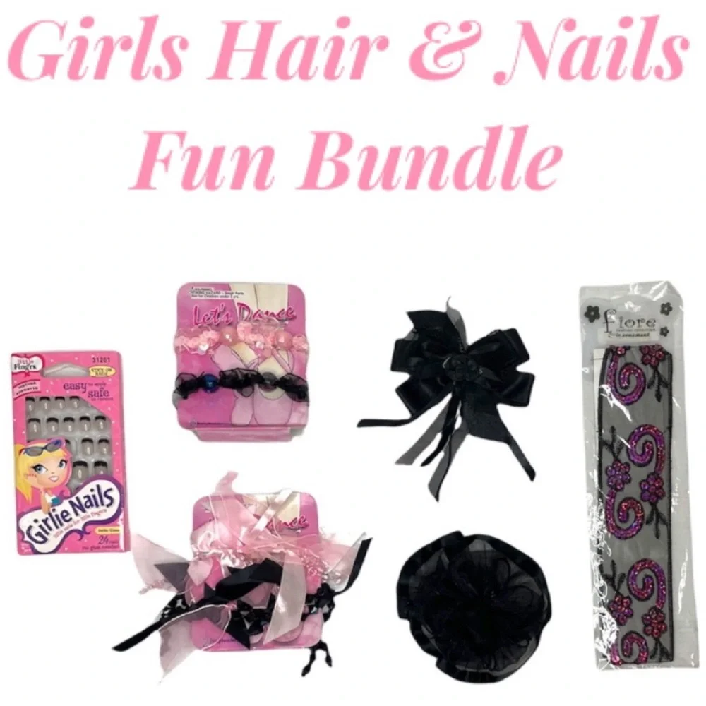 Little Girls Hair & Beauty Bundle Press On Nails Accessories Gift Set Black Pink